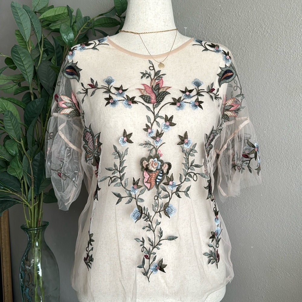 Floral Embroidered Sheer Top
